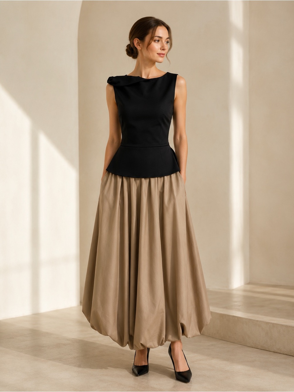 En Saison Black and Cream One-Shoulder Peplum Dress NWOT